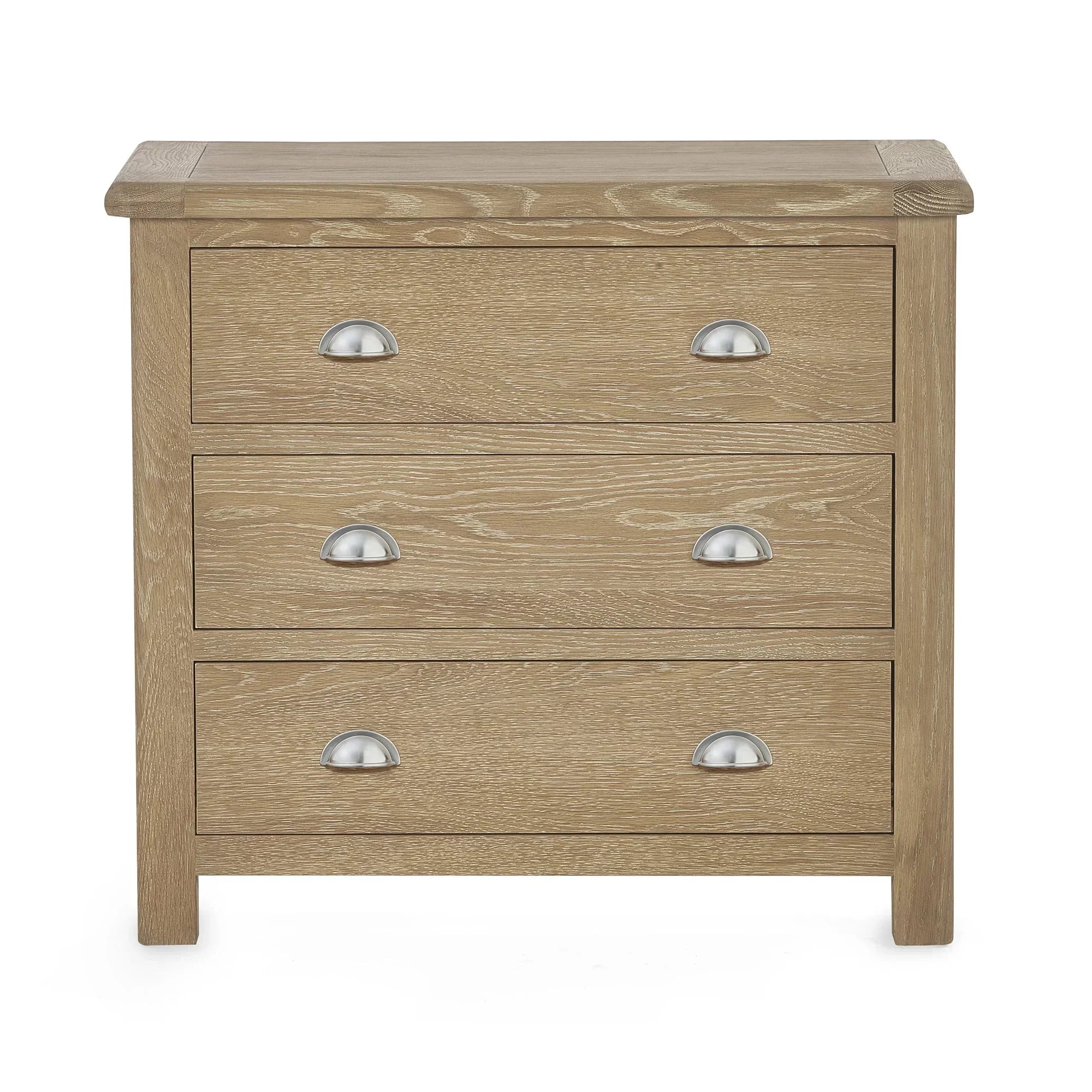 Memphis limed oak 3 drawer chest with silver cup handles, front view on white background