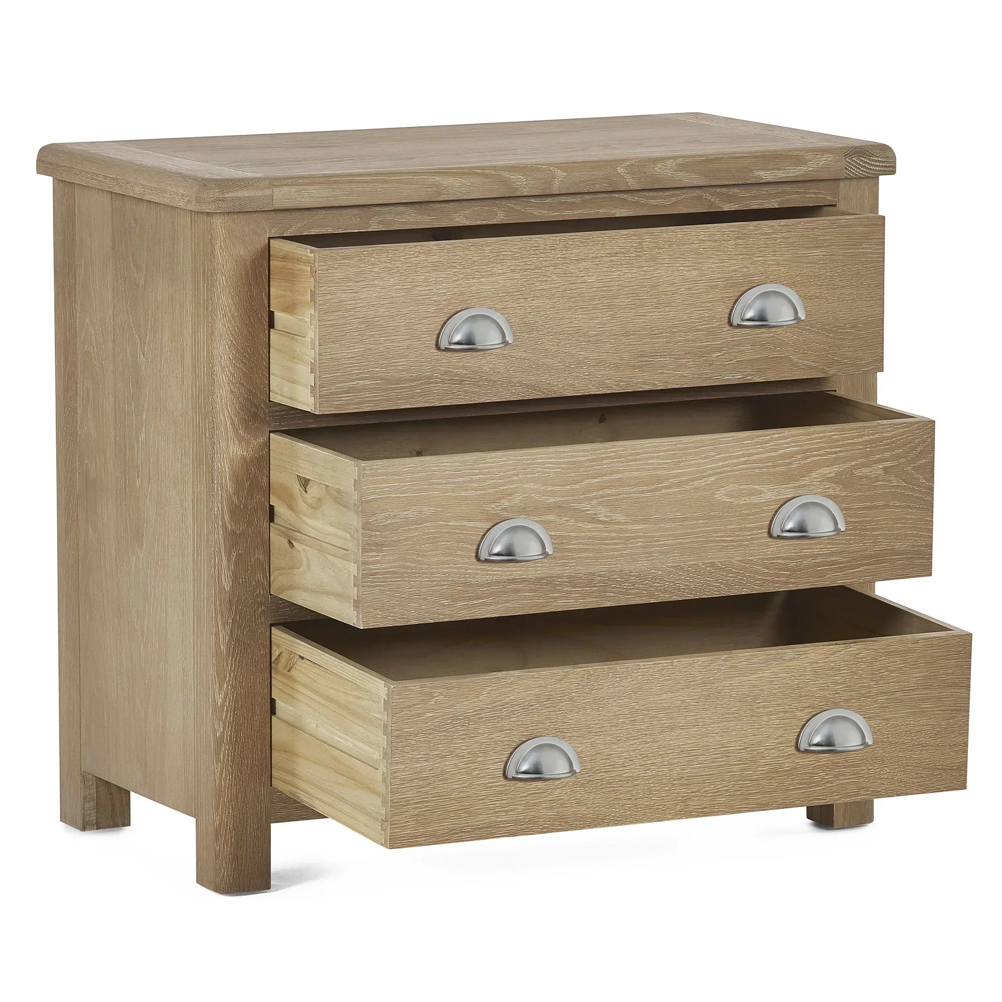Memphis limed oak 3 drawer chest with silver handles and open drawers, side angle view
