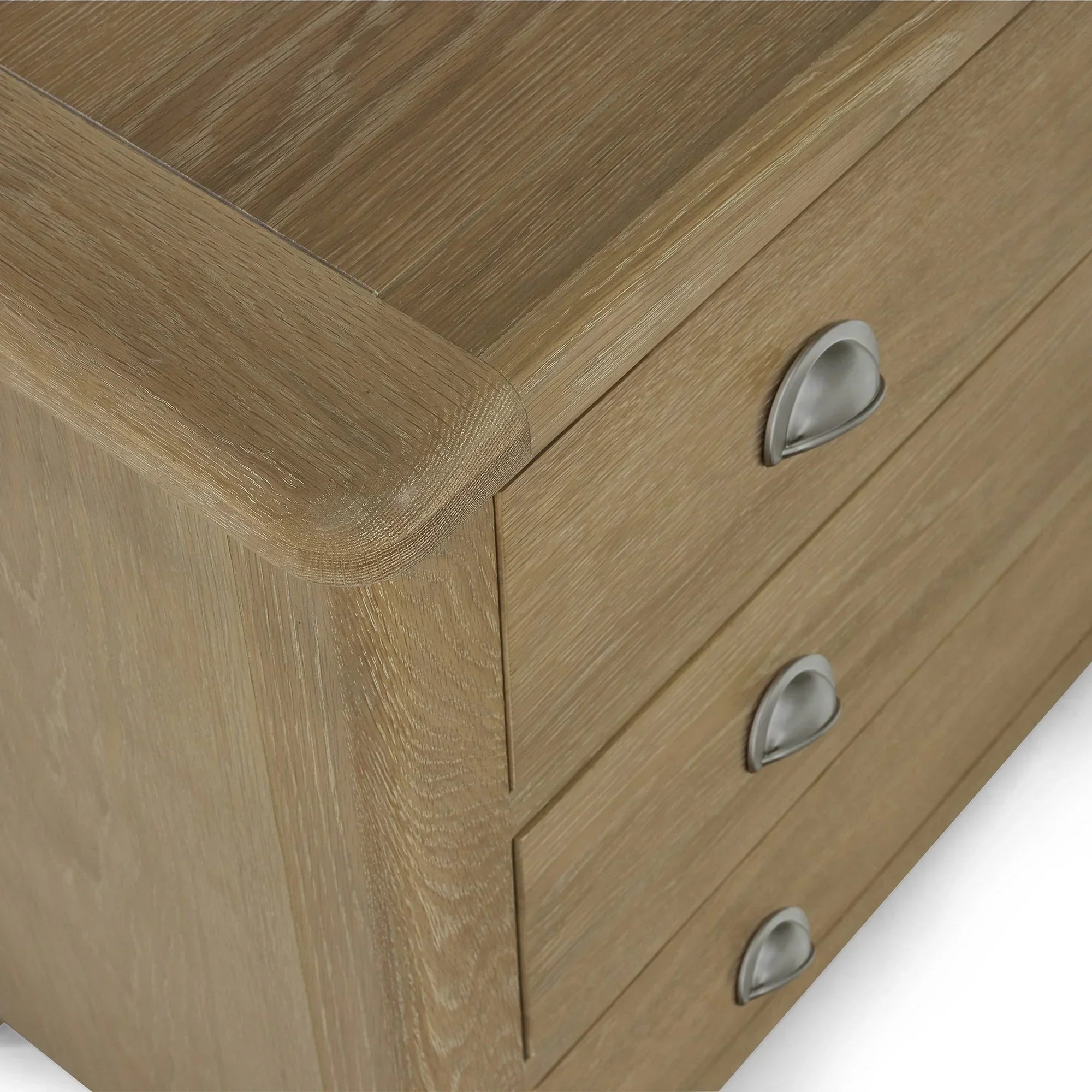 Memphis limed oak 3 drawer chest with curved edge and alternative metal cup handles