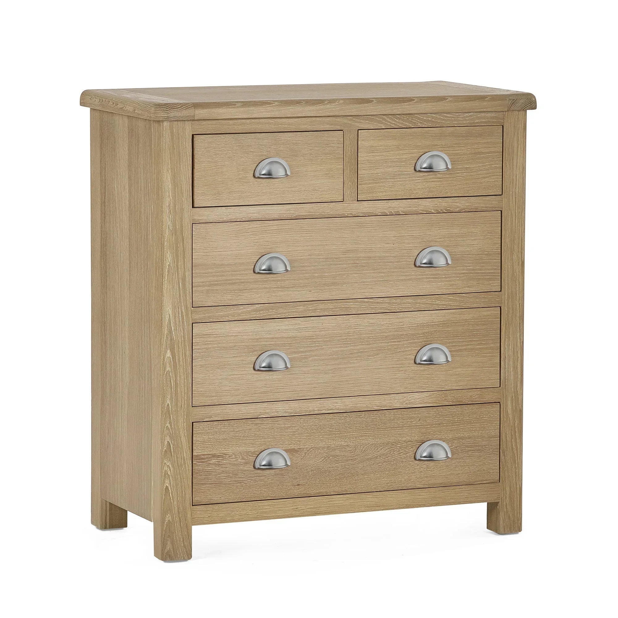 Memphis limed oak 2 over 3 drawer chest with silver cup handles, front angle view