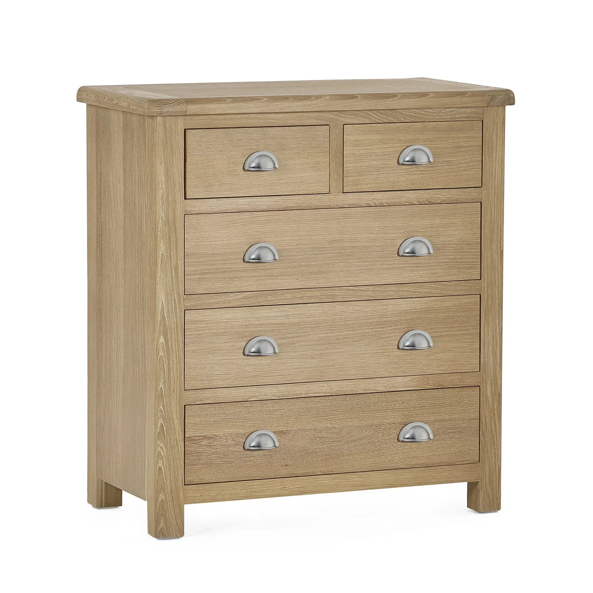 Memphis limed oak 2 over 3 drawer chest with silver cup handles, front angle view