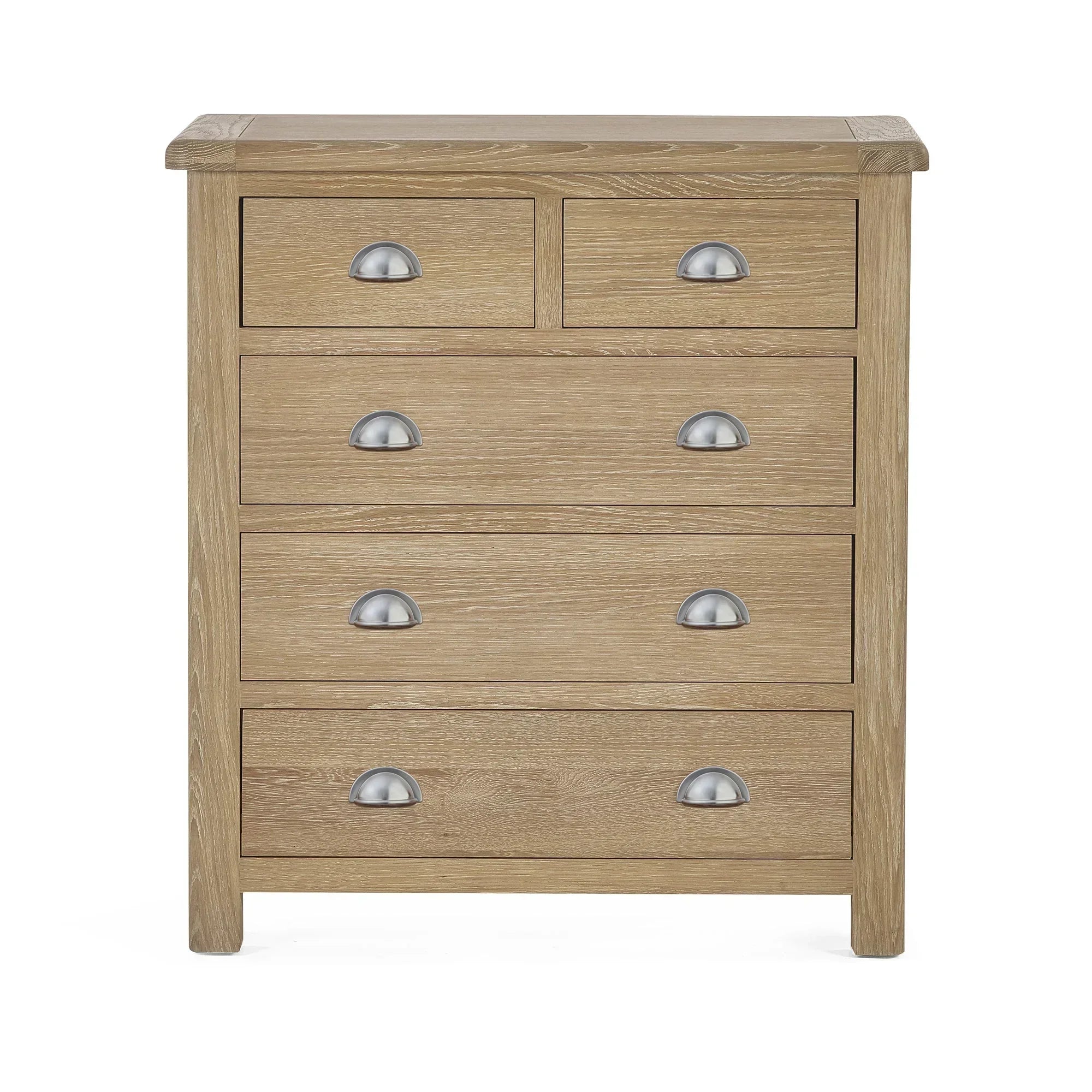 Limed oak 2 drawer chest with silver cup handles, straight front view