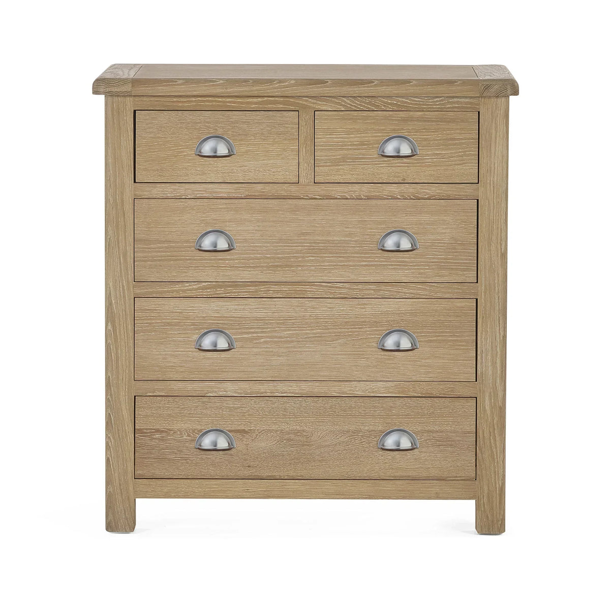 Limed oak 2 drawer chest with silver cup handles, straight front view