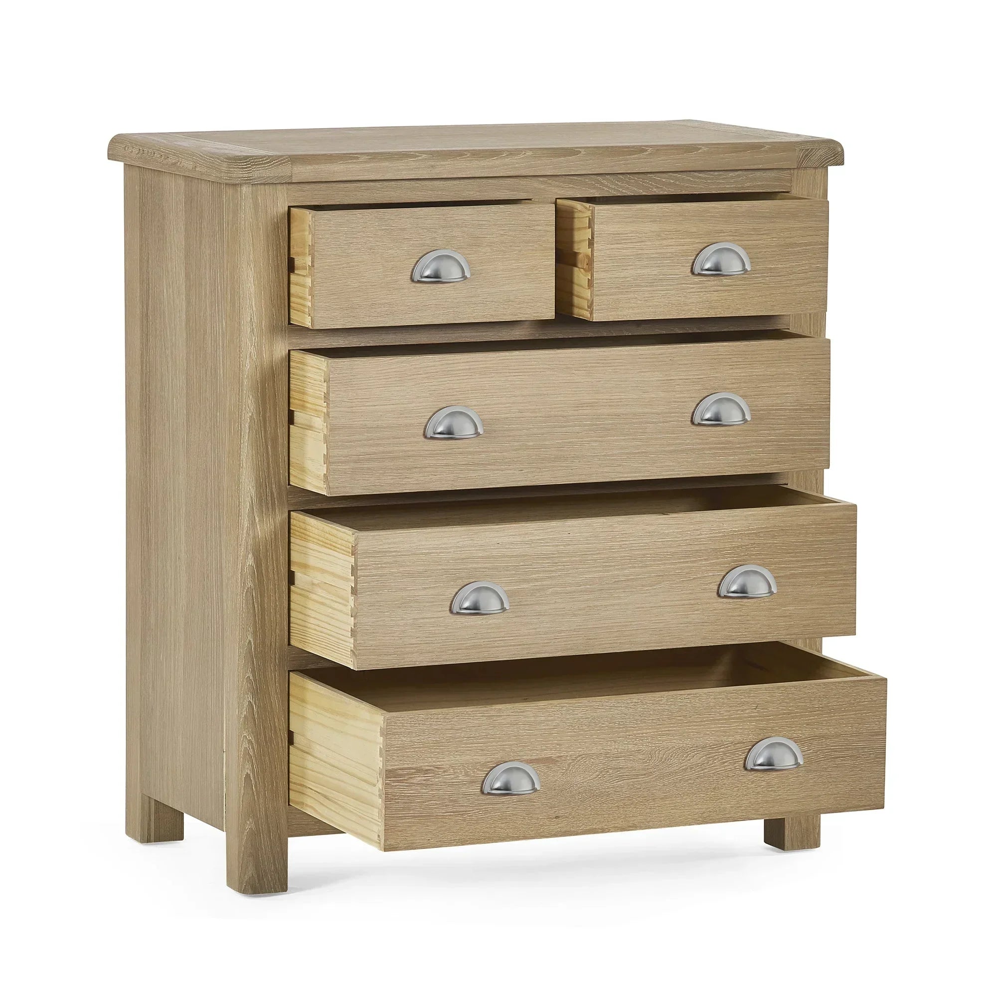 Memphis limed oak chest of drawers with five open drawers and metal cup handles