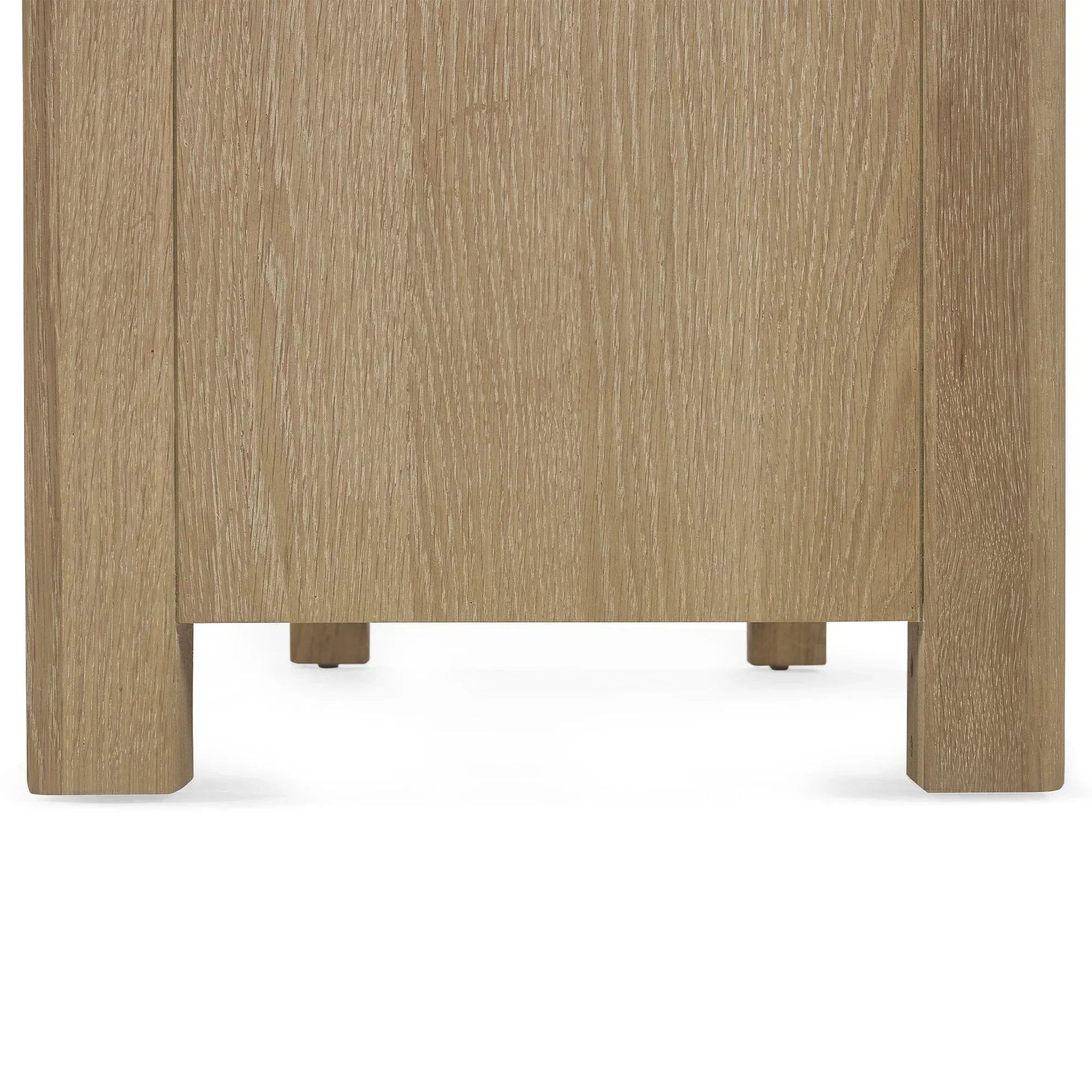 Close-up of limed oak finish and legs on six drawer wide chest