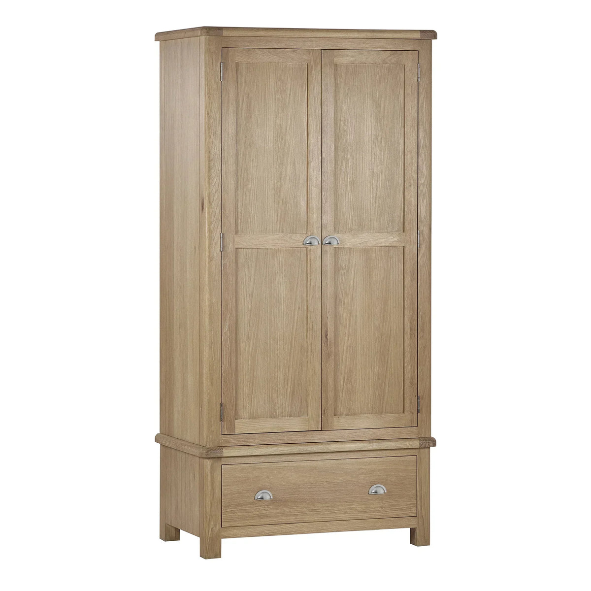 Limed oak 2 door 1 drawer wardrobe with metal handles, front view