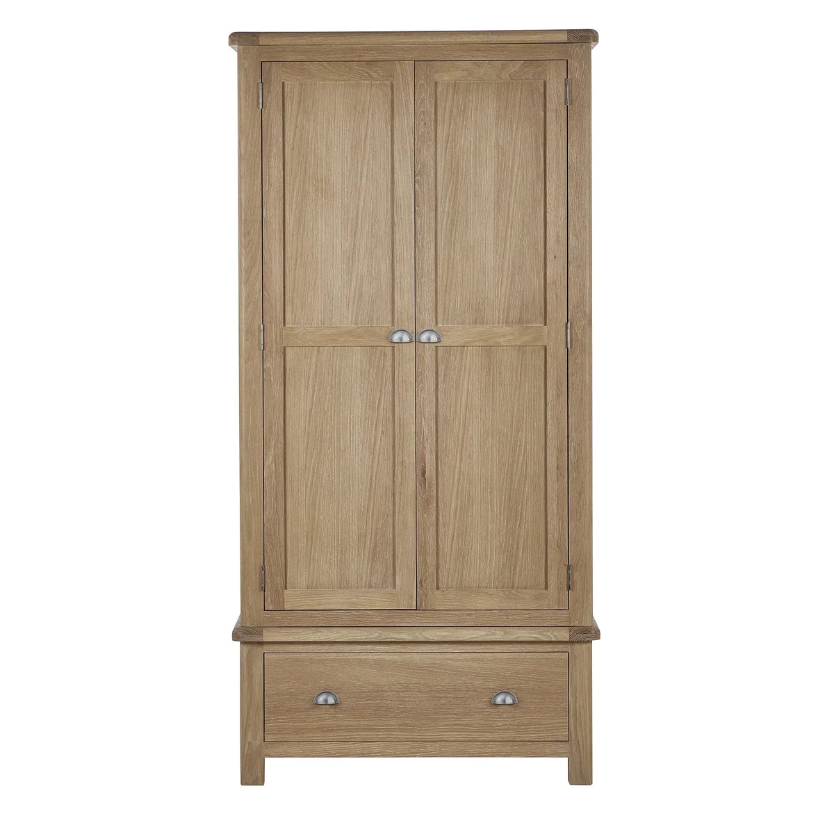 Memphis limed oak 2 door 1 drawer wardrobe with metal handles, straight front view
