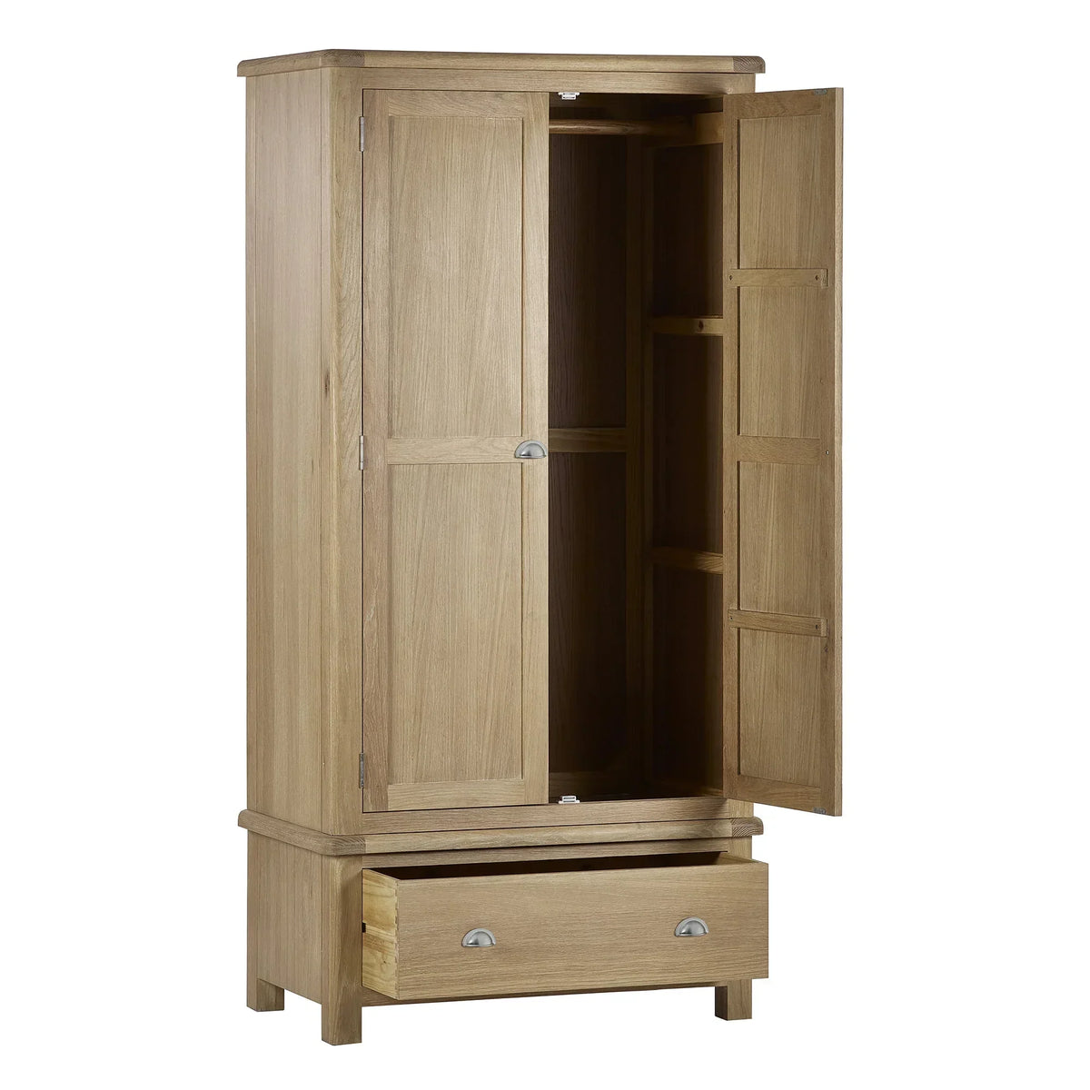 Memphis limed oak 2 door 1 drawer wardrobe with open doors and drawer, front view