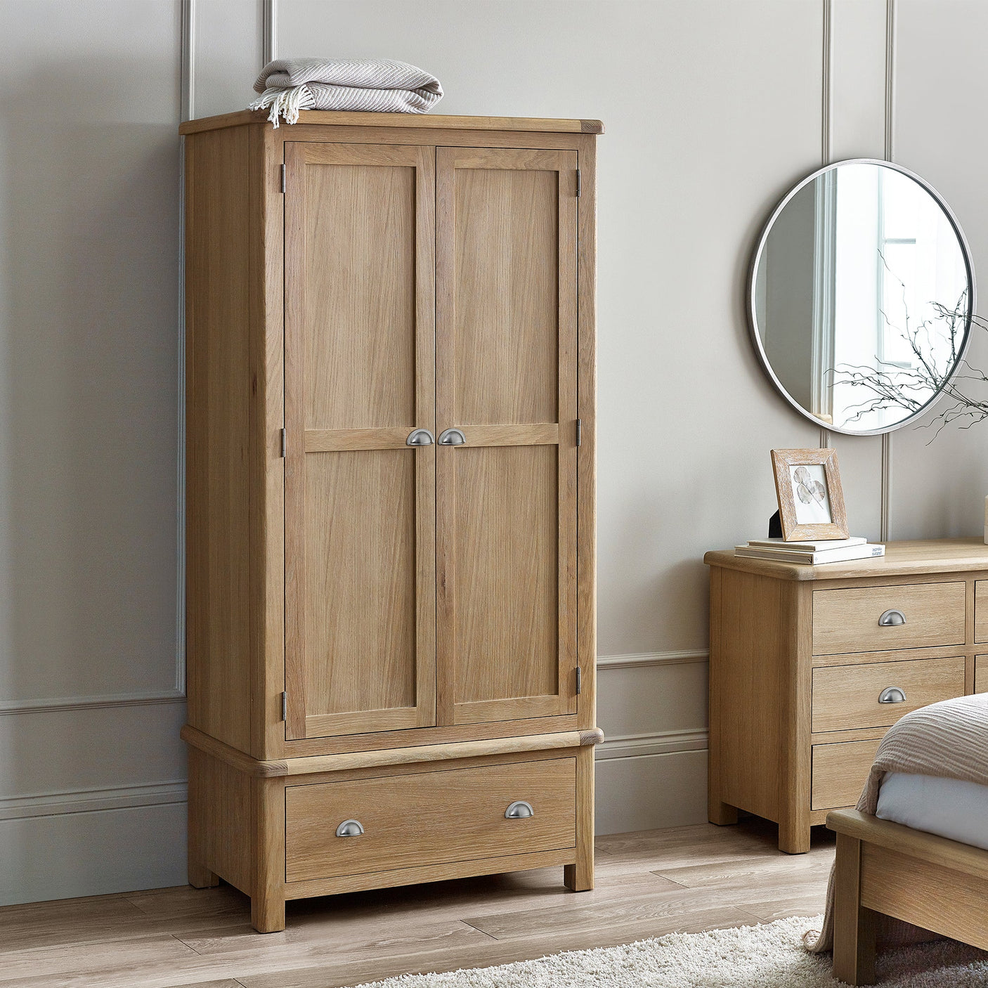 Memphis Limed Oak 2 Door 1 Drawer Wardrobe - Light Brown - MEM007