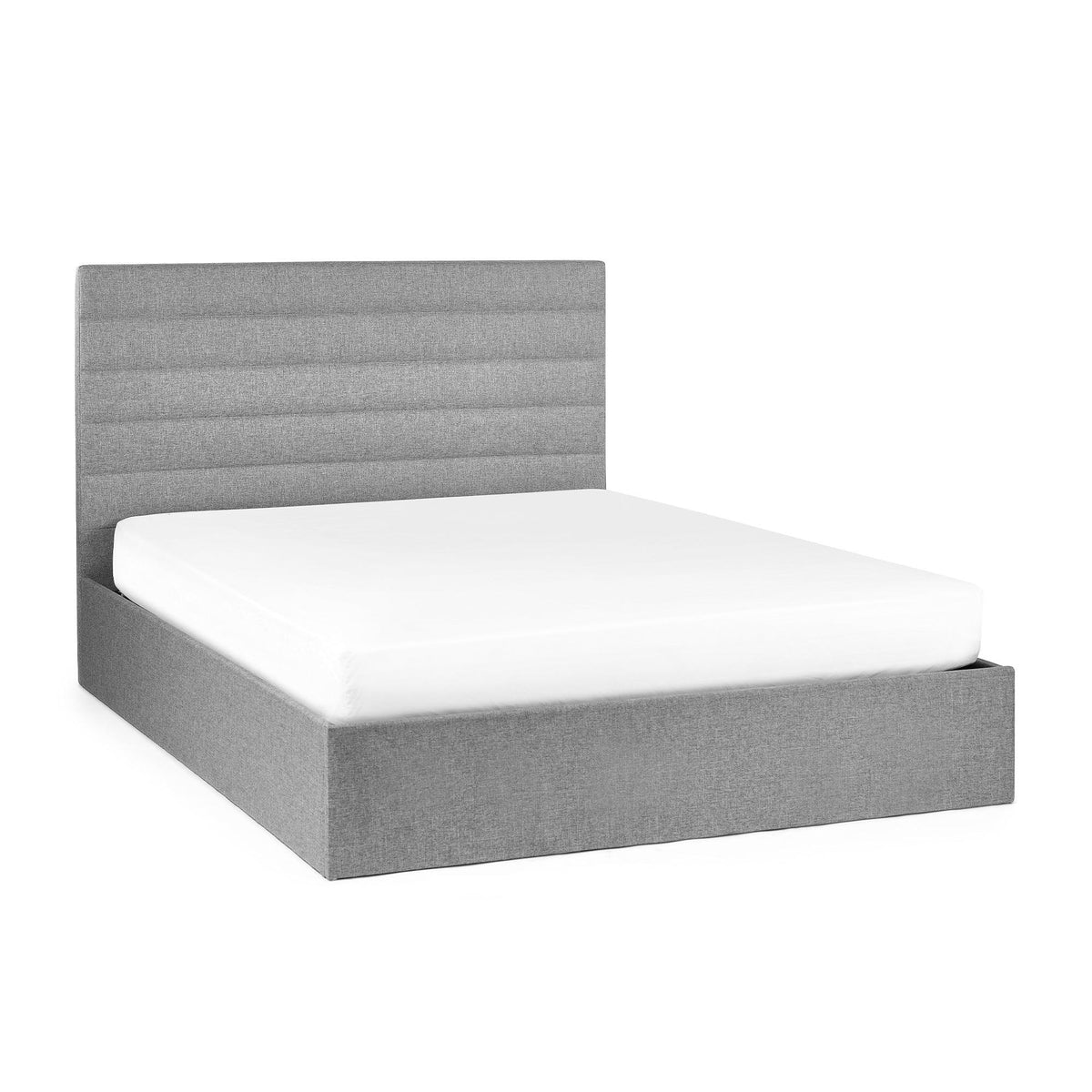 Grey upholstered lift-up storage bed with horizontal panel headboard, mattress included