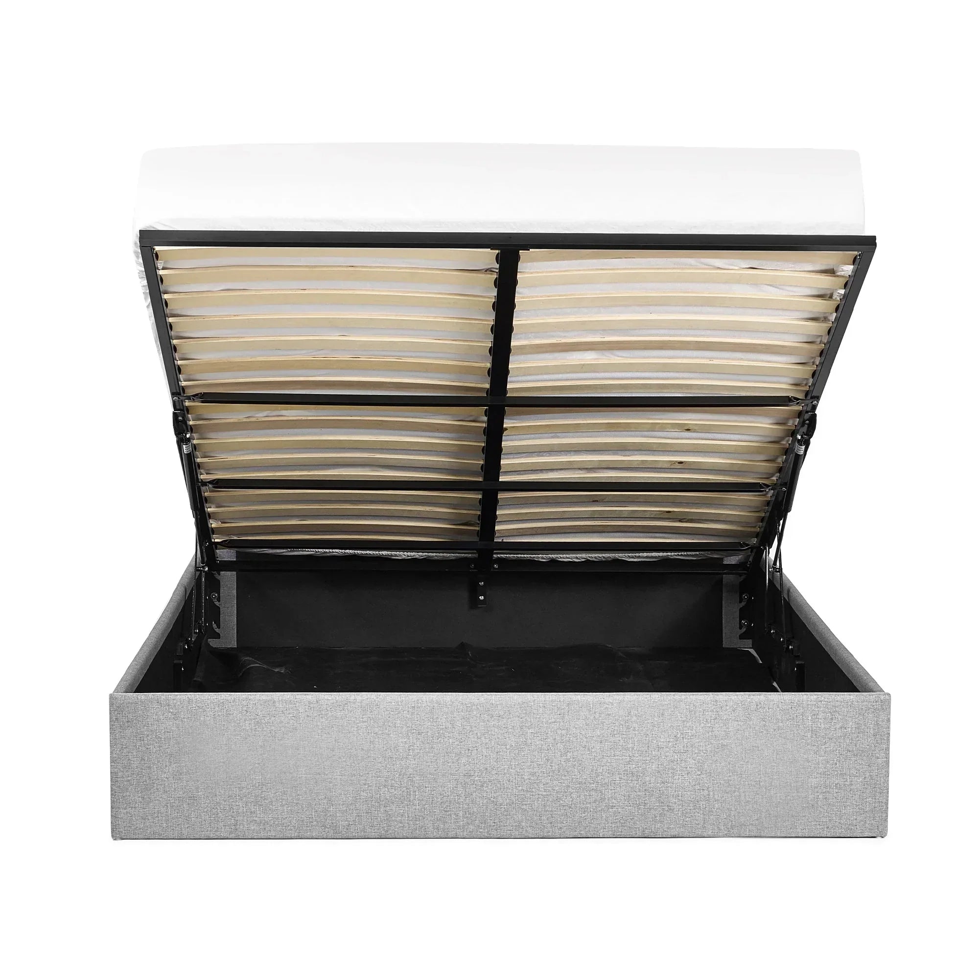 Lift-up storage bed with grey fabric frame and open ottoman base