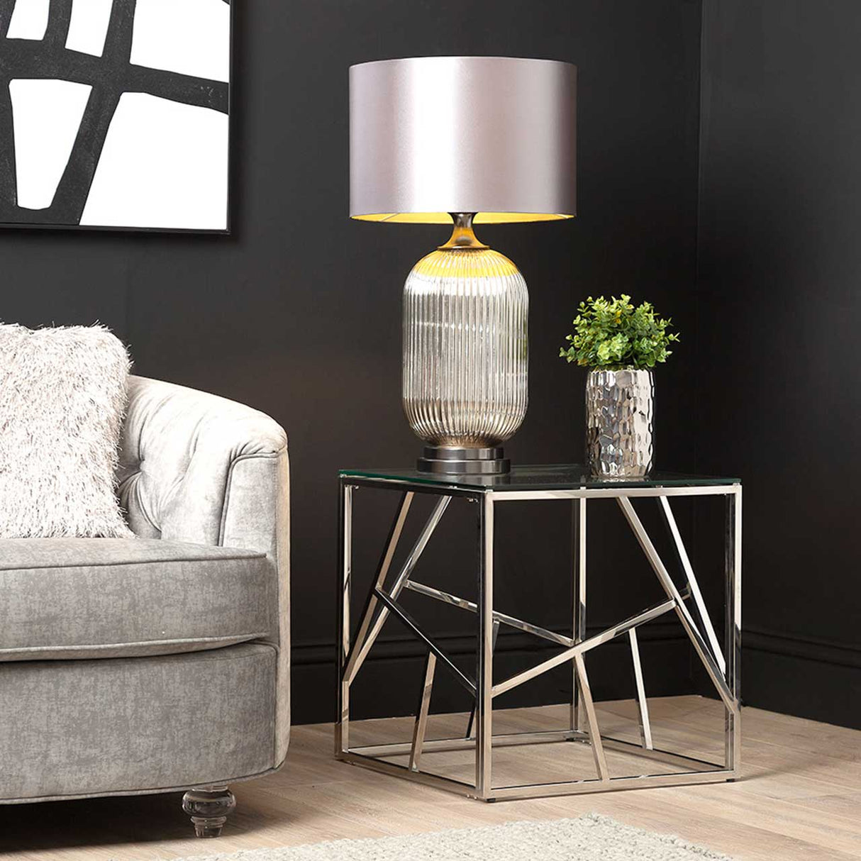 Azaria Stainless Steel End Table Glass Top