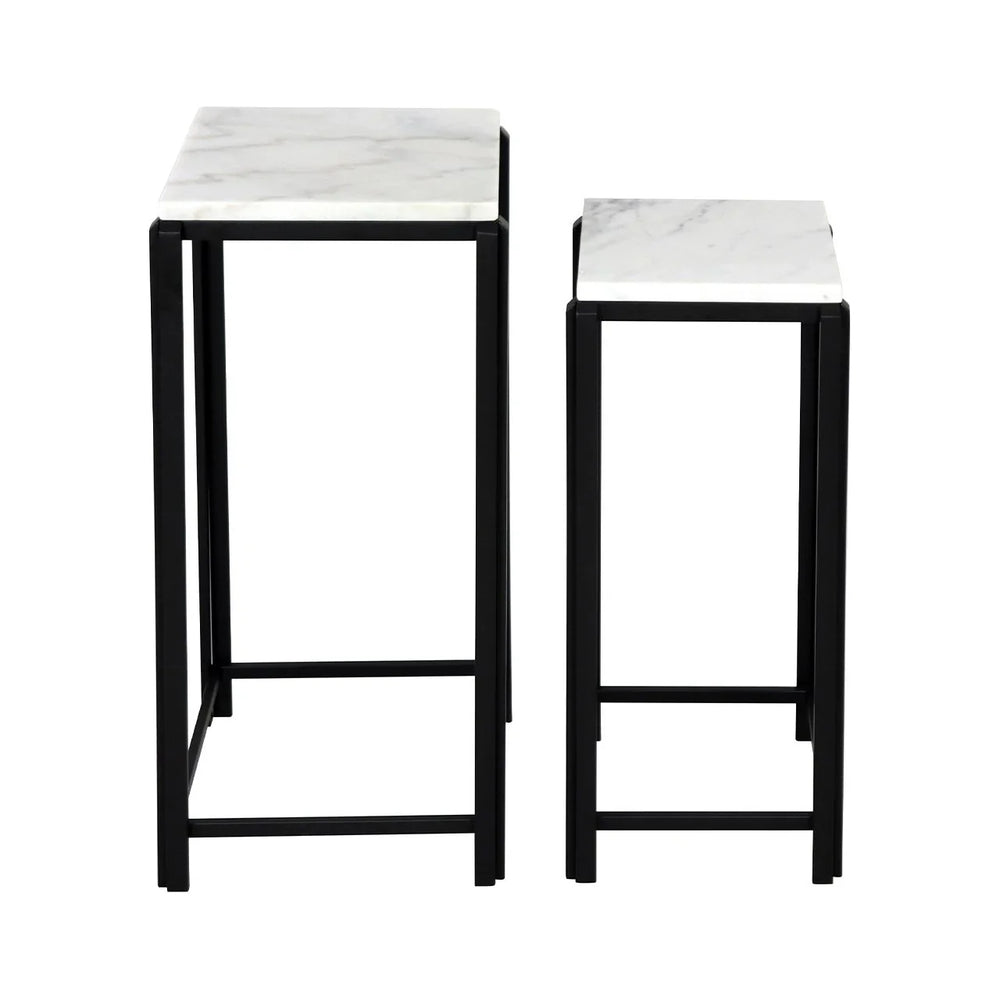 Set Of 2 Lena White Marble End Table With Black Metal Legs
