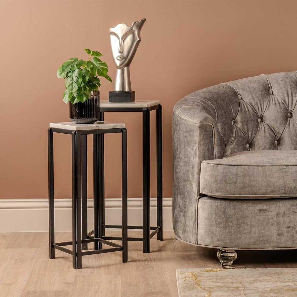 Set Of 2 Lena White Marble End Table With Black Metal Legs