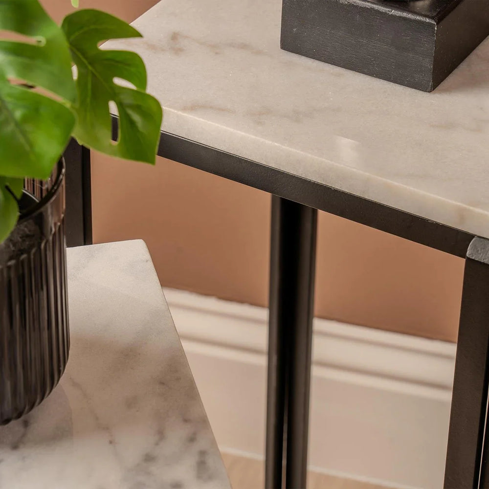 Set Of 2 Lena White Marble End Table With Black Metal Legs