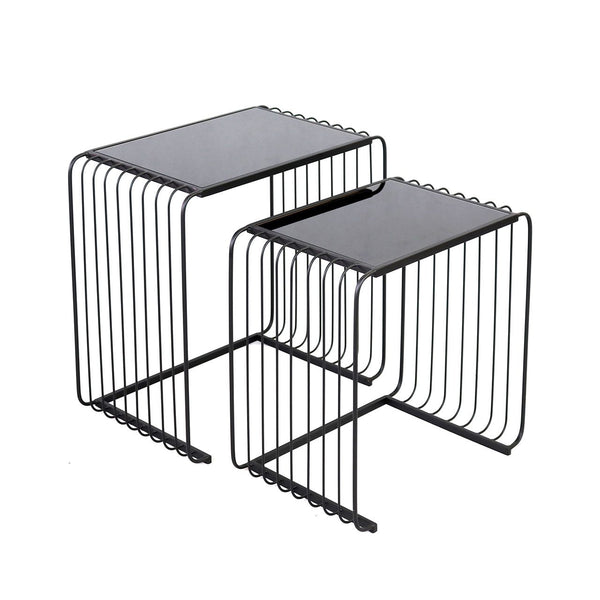 Set Of 2 Black Metal Nesting Table With Black Glass Top
