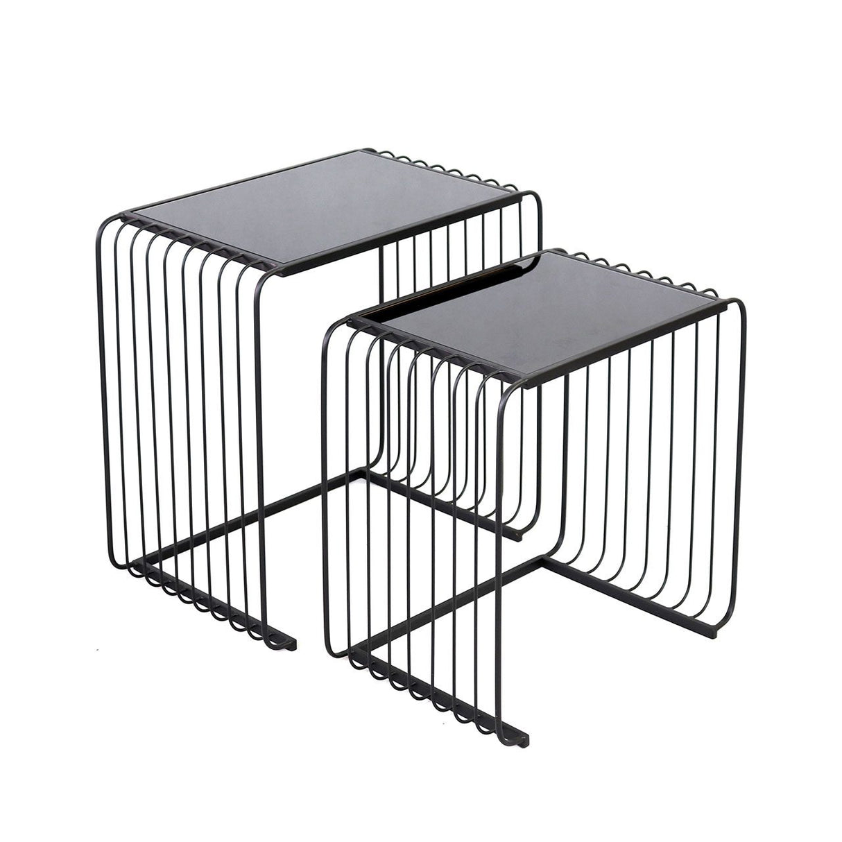Set Of 2 Black Metal Nesting Table With Black Glass Top