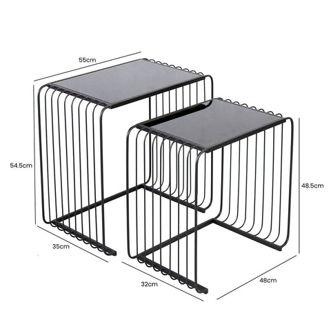 Set Of 2 Black Metal Nesting Table With Black Glass Top