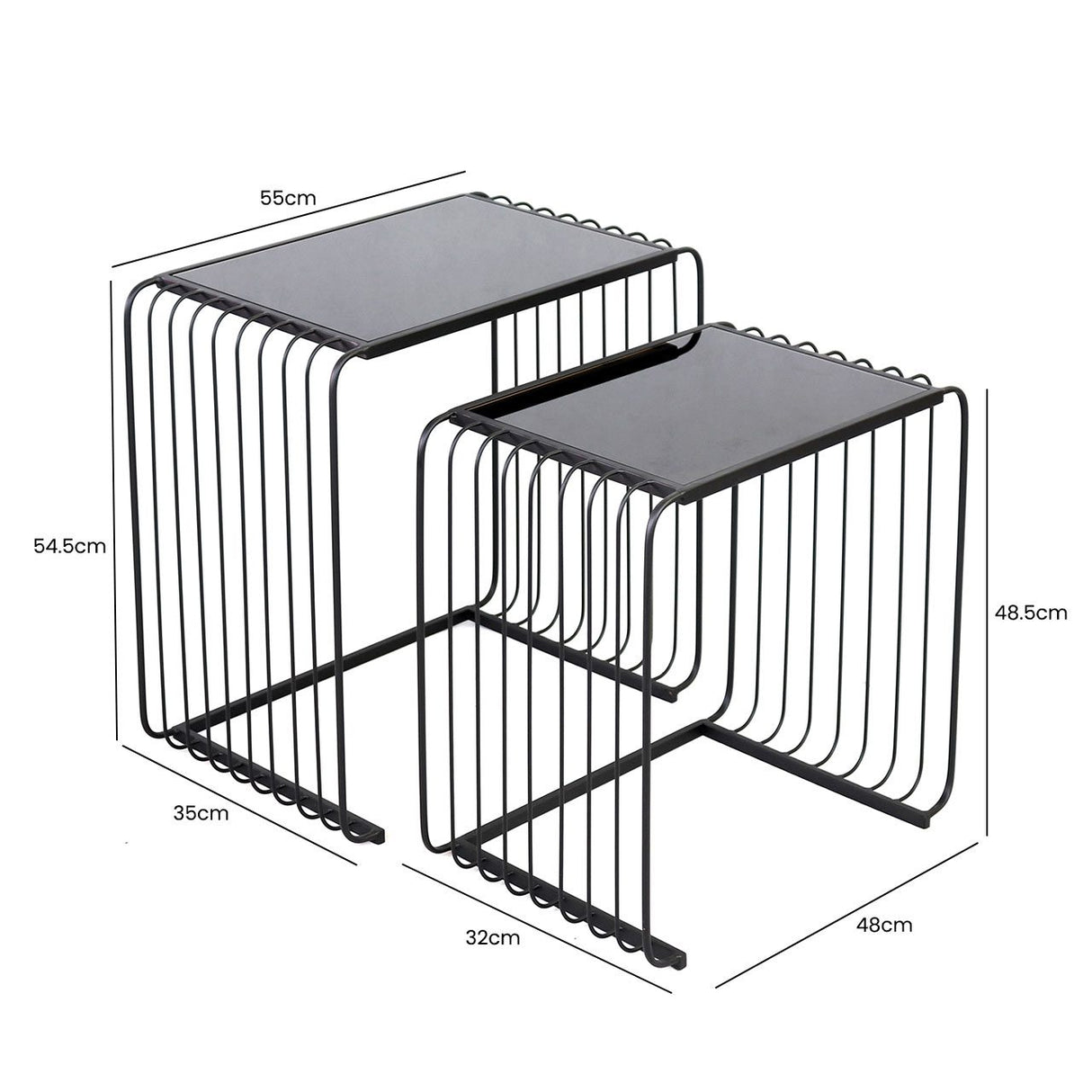 Set Of 2 Black Metal Nesting Table With Black Glass Top