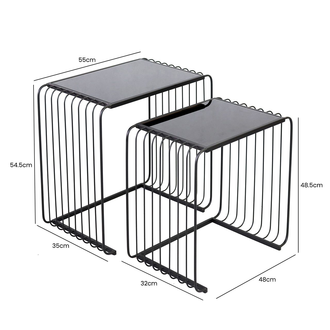 Set Of 2 Black Metal Nesting Table With Black Glass Top