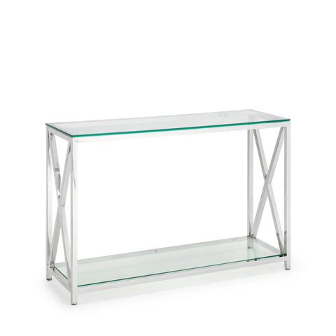 Glass console table with chrome metal frame and lower shelf, modern rectangular design