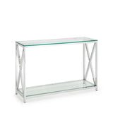 Glass console table with chrome metal frame and lower shelf, modern rectangular design
