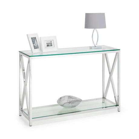 Glass console table with chrome frame, two photo frames, decorative lamp and bowl