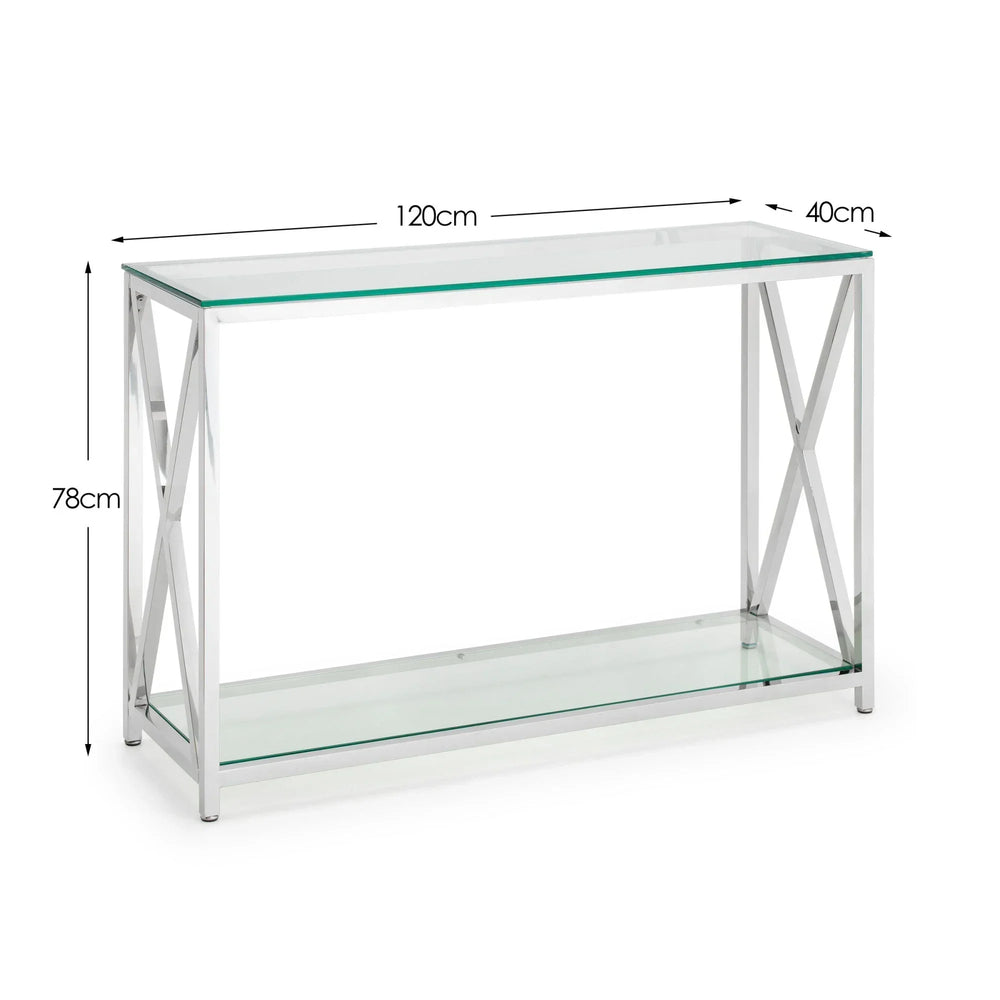 Glass console table with chrome frame, two shelves and dimensions 120cm x 40cm x 78cm