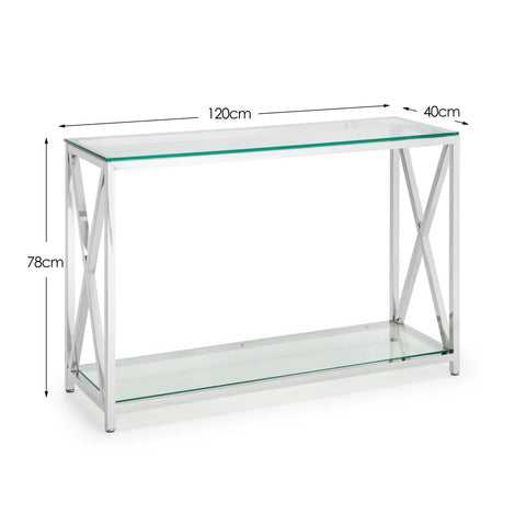 Glass console table with chrome frame, two shelves and dimensions 120cm x 40cm x 78cm
