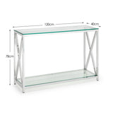 Glass console table with chrome frame, two shelves and dimensions 120cm x 40cm x 78cm