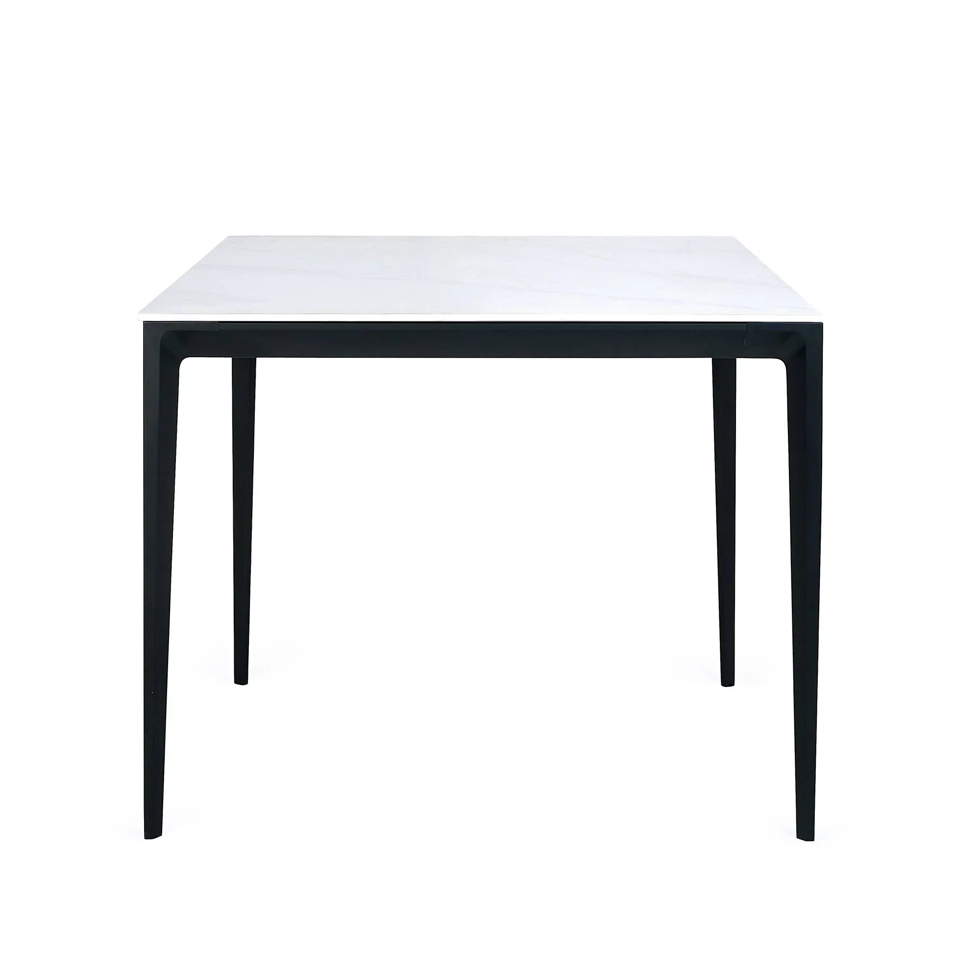 Square dining table with white marble top and black metal legs, front view