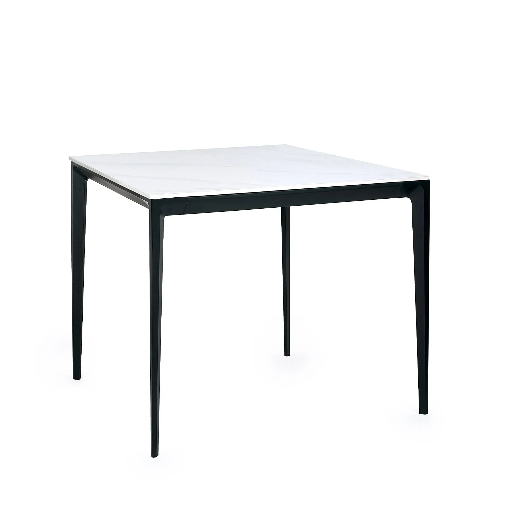 Square stone top dining table with white marble surface and black metal legs