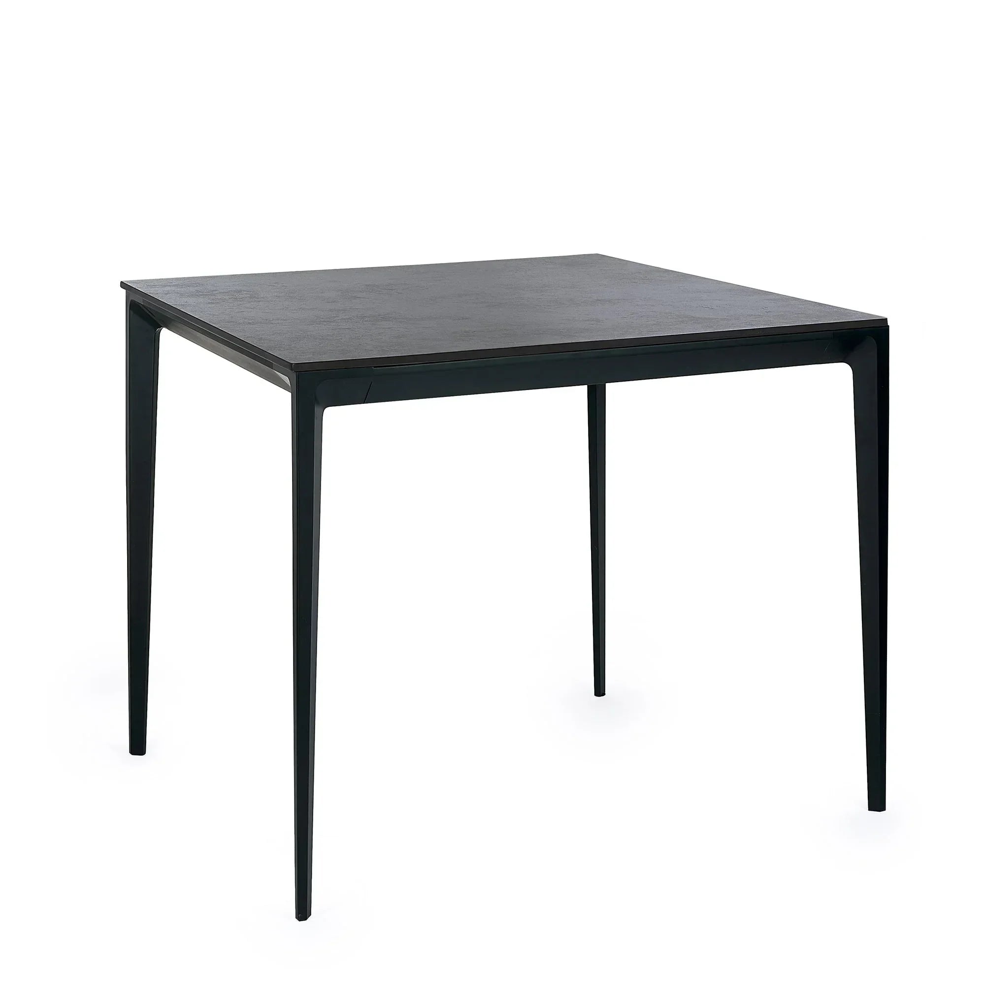 Slate grey square stone top dining table with slim black metal legs on white background