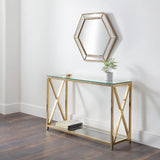 Glass console table with gold metal frame, shelf, and hexagonal wall mirror in hallway