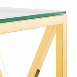 Glass top coffee table with gold metal frame close-up, showcasing modern geometric design