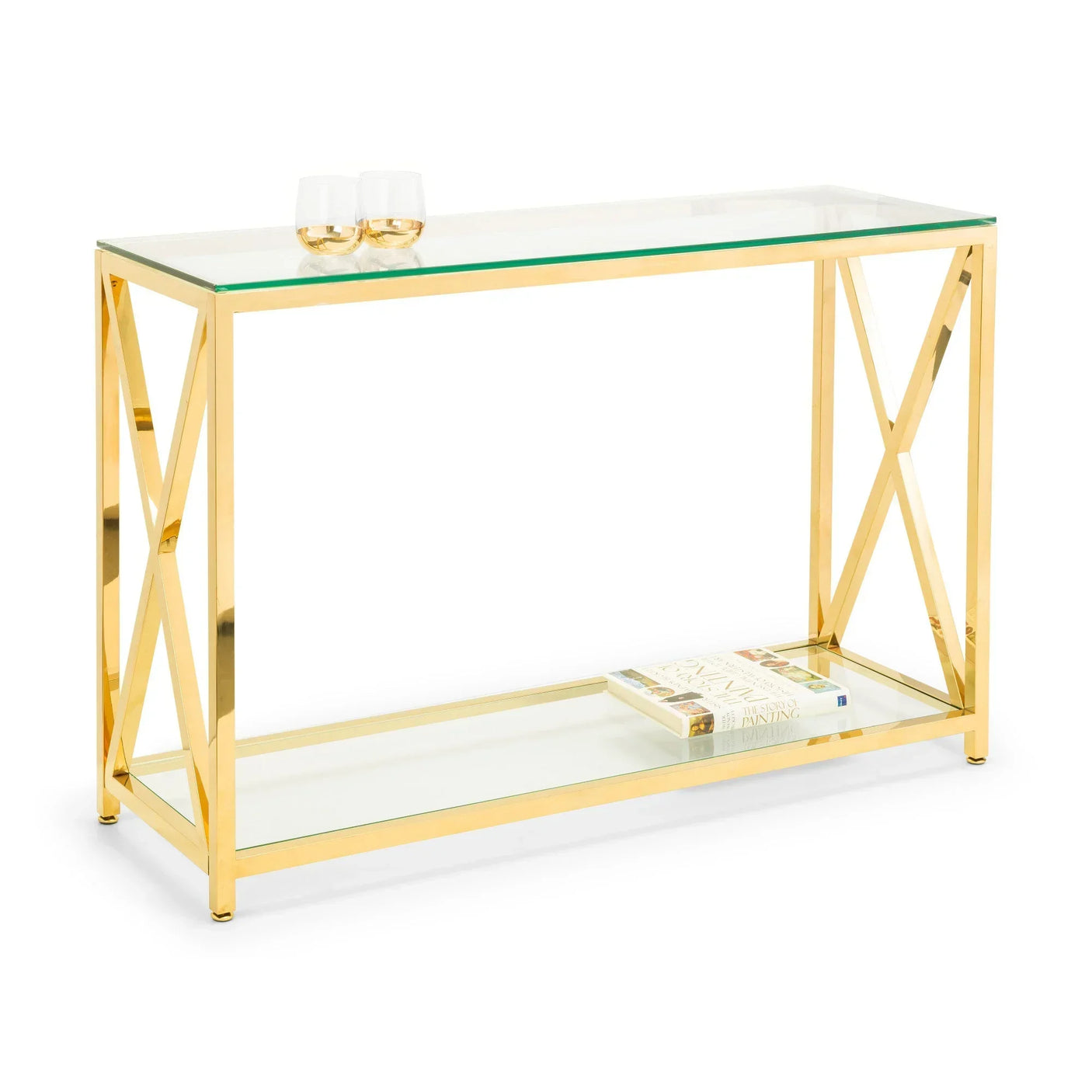 Glass console table with gold metal frame, lower shelf holding a book, two glasses on top