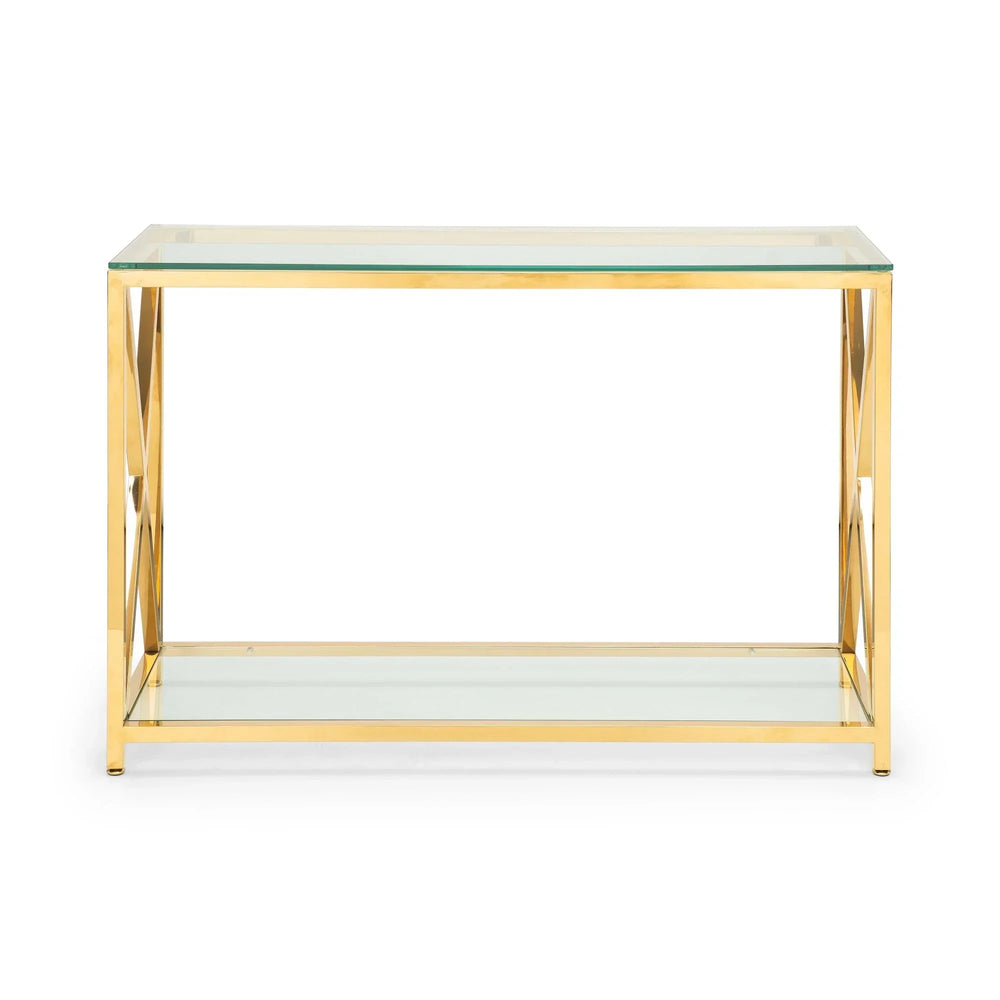 Glass console table with gold metal frame and lower shelf, modern rectangular design
