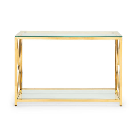 Glass console table with gold metal frame and lower shelf, modern rectangular design