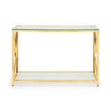Glass console table with gold metal frame and lower shelf, modern rectangular design