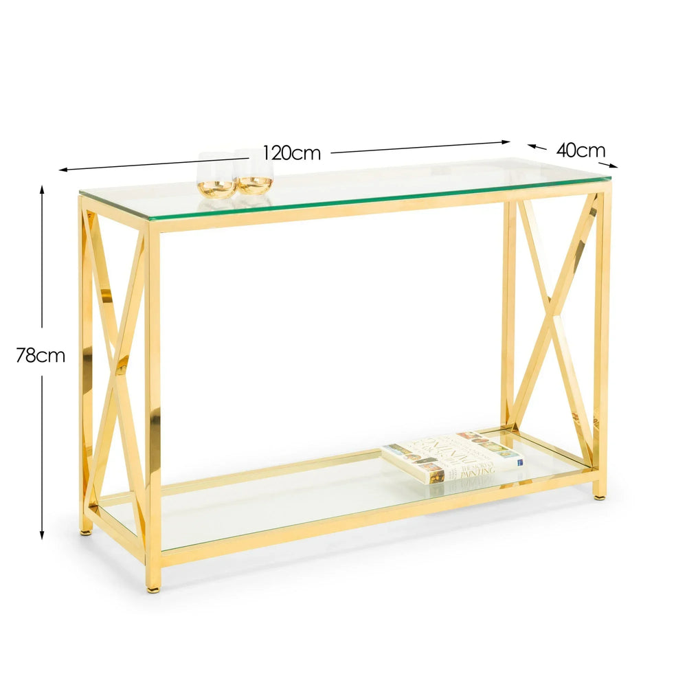 Gold metal and glass console table with bottom shelf and labelled dimensions