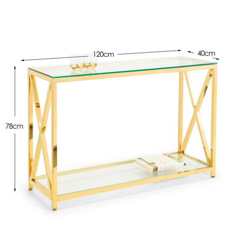 Gold metal and glass console table with bottom shelf and labelled dimensions