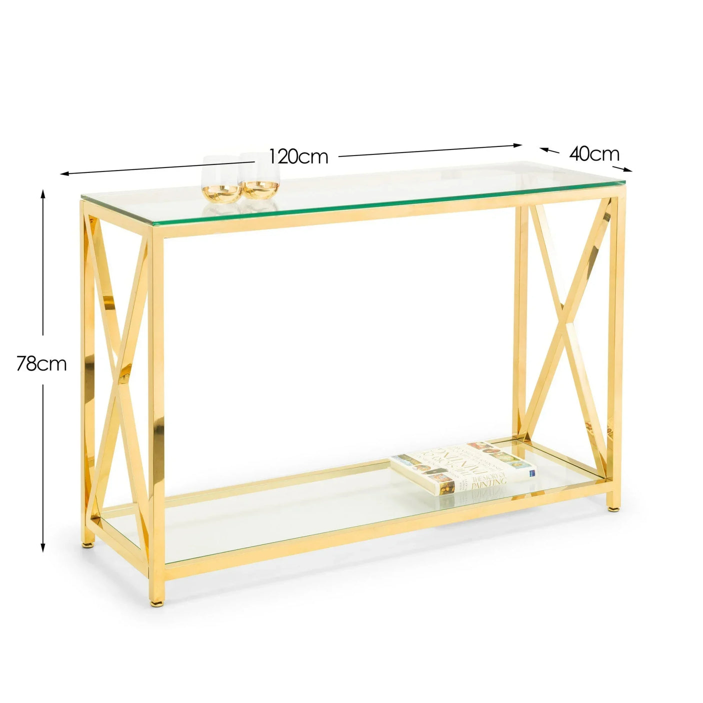 Gold metal and glass console table with bottom shelf and labelled dimensions