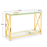 Gold metal and glass console table with bottom shelf and labelled dimensions