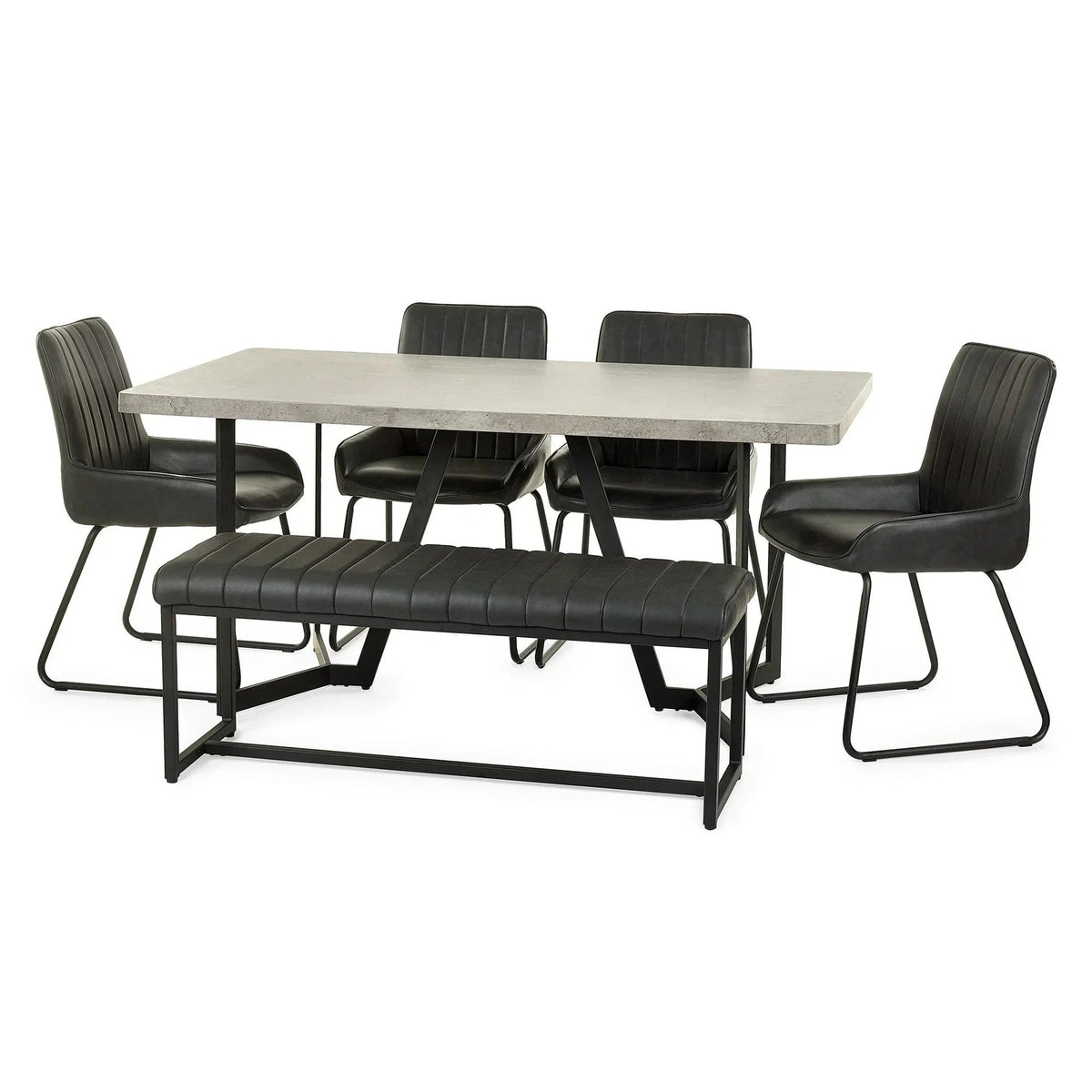 Concrete-effect dining table with black metal legs, 4 black chairs and matching bench