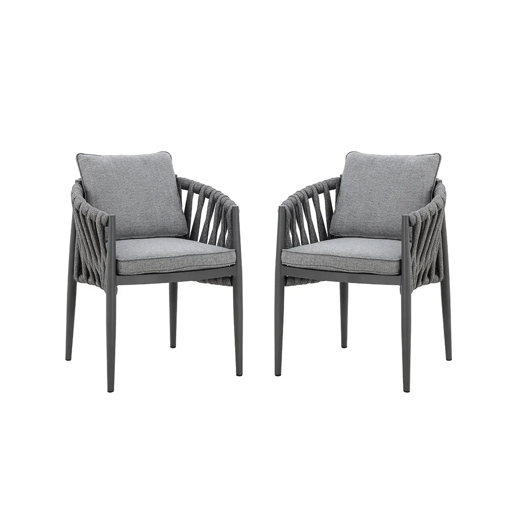 Pair of grey rope dining chairs with cushions and black metal legs on white background