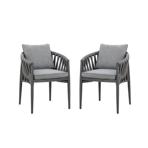 Pair of grey rope dining chairs with cushions and black metal legs on white background