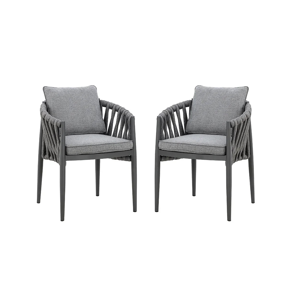 Pair of grey rope dining chairs with cushions and black metal legs on white background