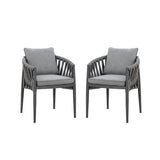 Pair of grey rope dining chairs with cushions and black metal legs on white background