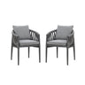 Pair of grey rope dining chairs with cushions and black metal legs on white background