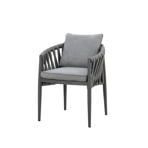 Grey rope dining chair with grey cushions and black metal legs, front angle view